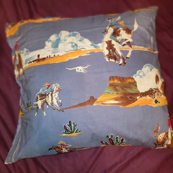 Upcycled Western Throw Pillow Cattle Steering Cowboys Stagecoach Horses Country - Picture 7 of 8